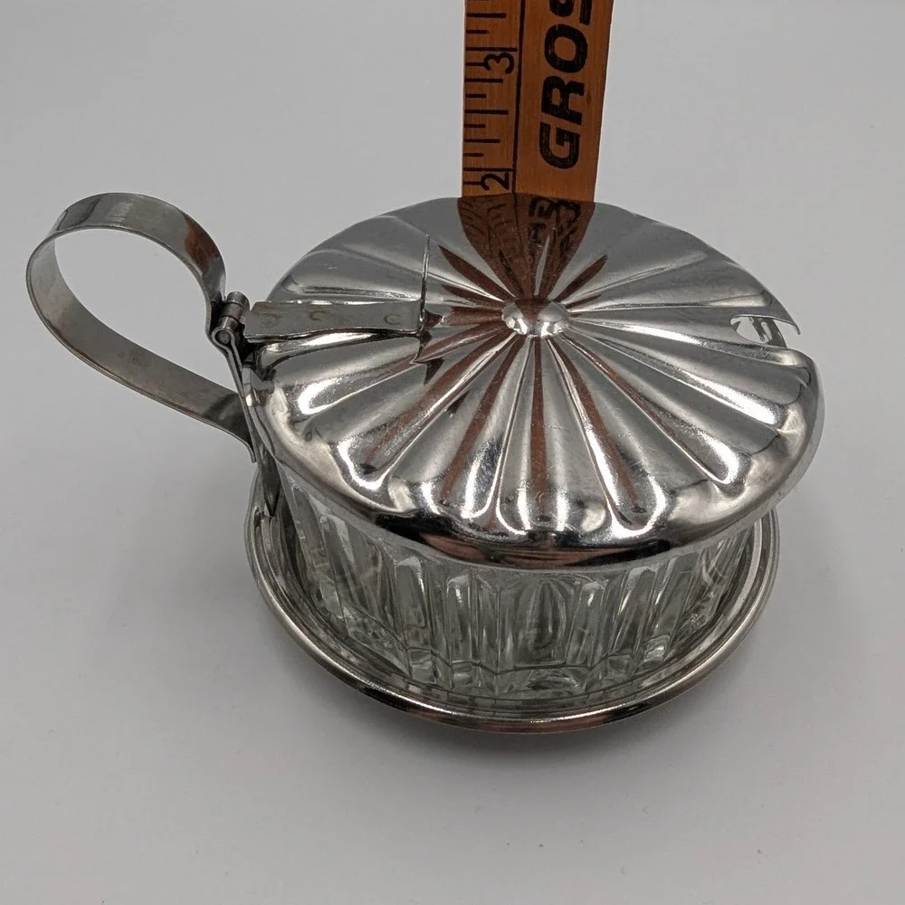 Vintage Jam Jar Glass and Chrome Fluted Hinged Lid Condiment Server OS
